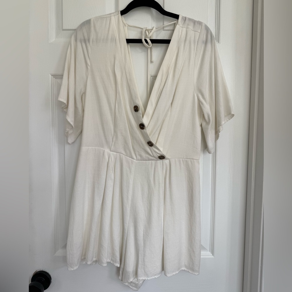 Trixxi Cream Wrap Romper with Button Accents